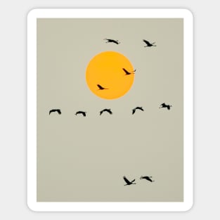 Common Cranes Flying in Front of Orange Setting Sun Sticker